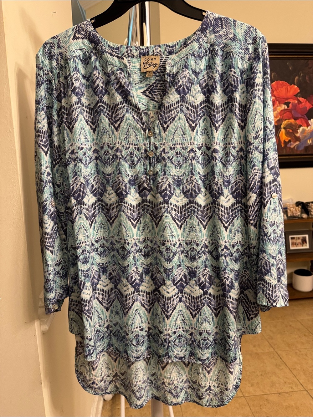 Como Vintage Blue & Aqua Geometric Henley Tunic